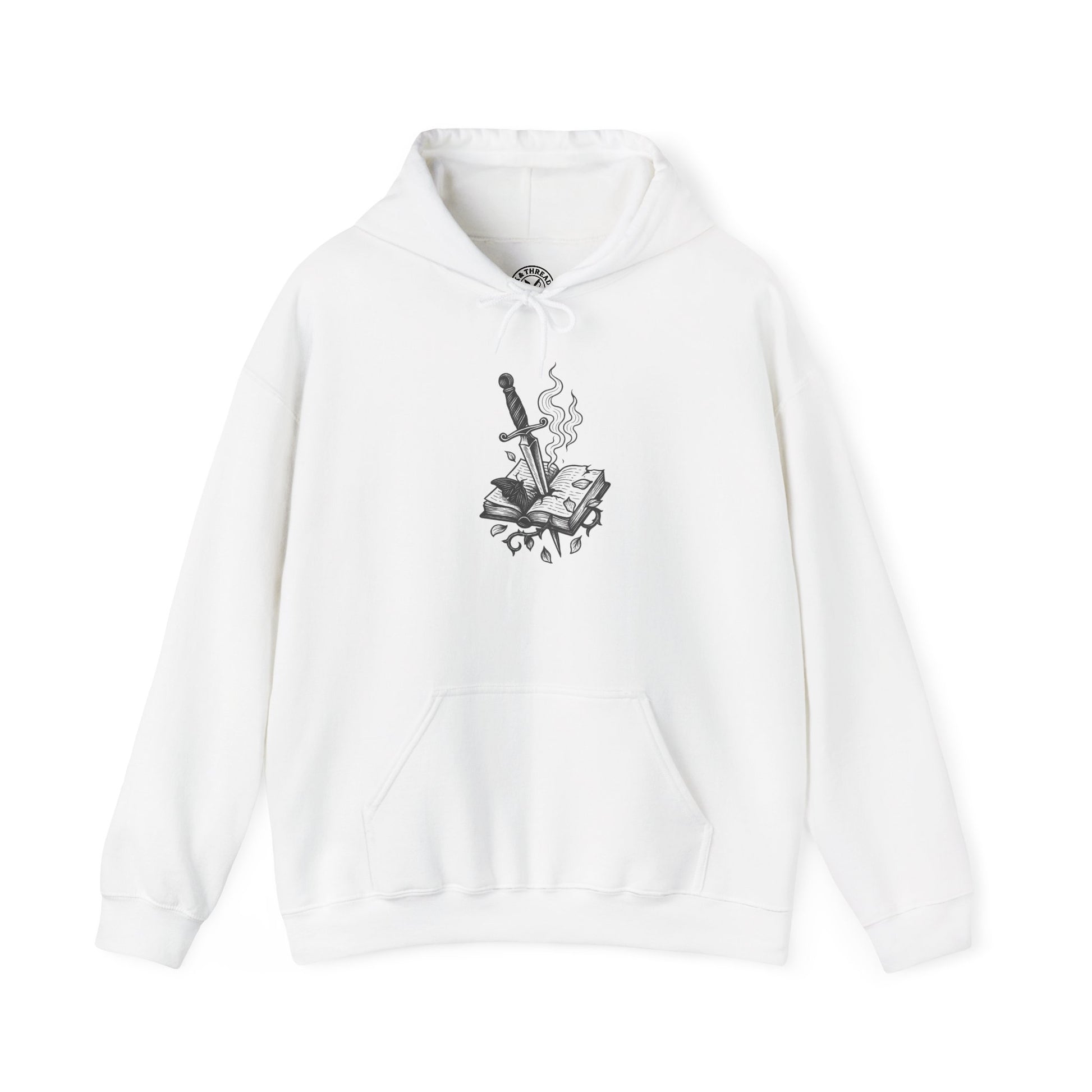 White hoodie with a black graphic design on a white background