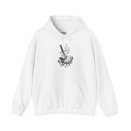 White hoodie with a black graphic design on a white background