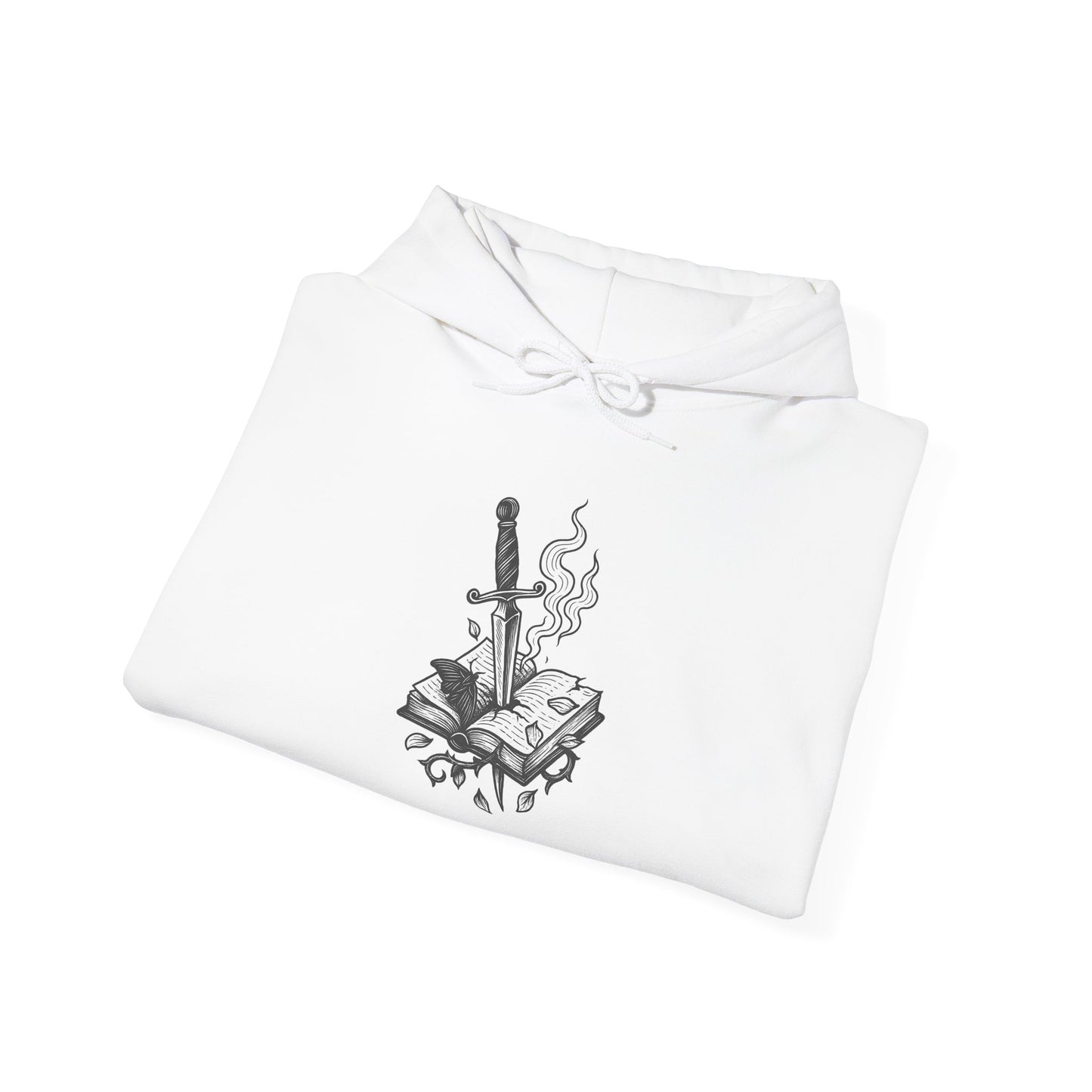 White shirt with black graphic design of a sword and book on a white background