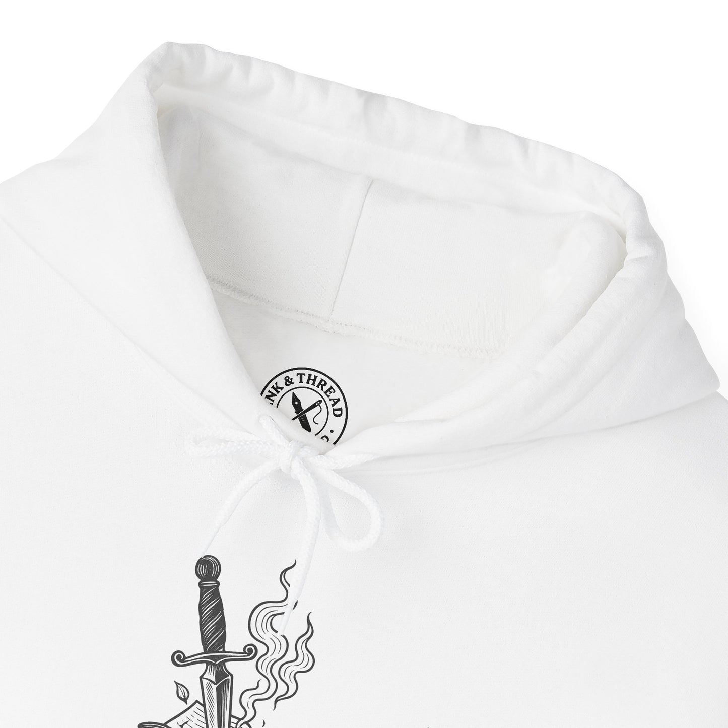 White hoodie with a logo and design on the chest against a white background