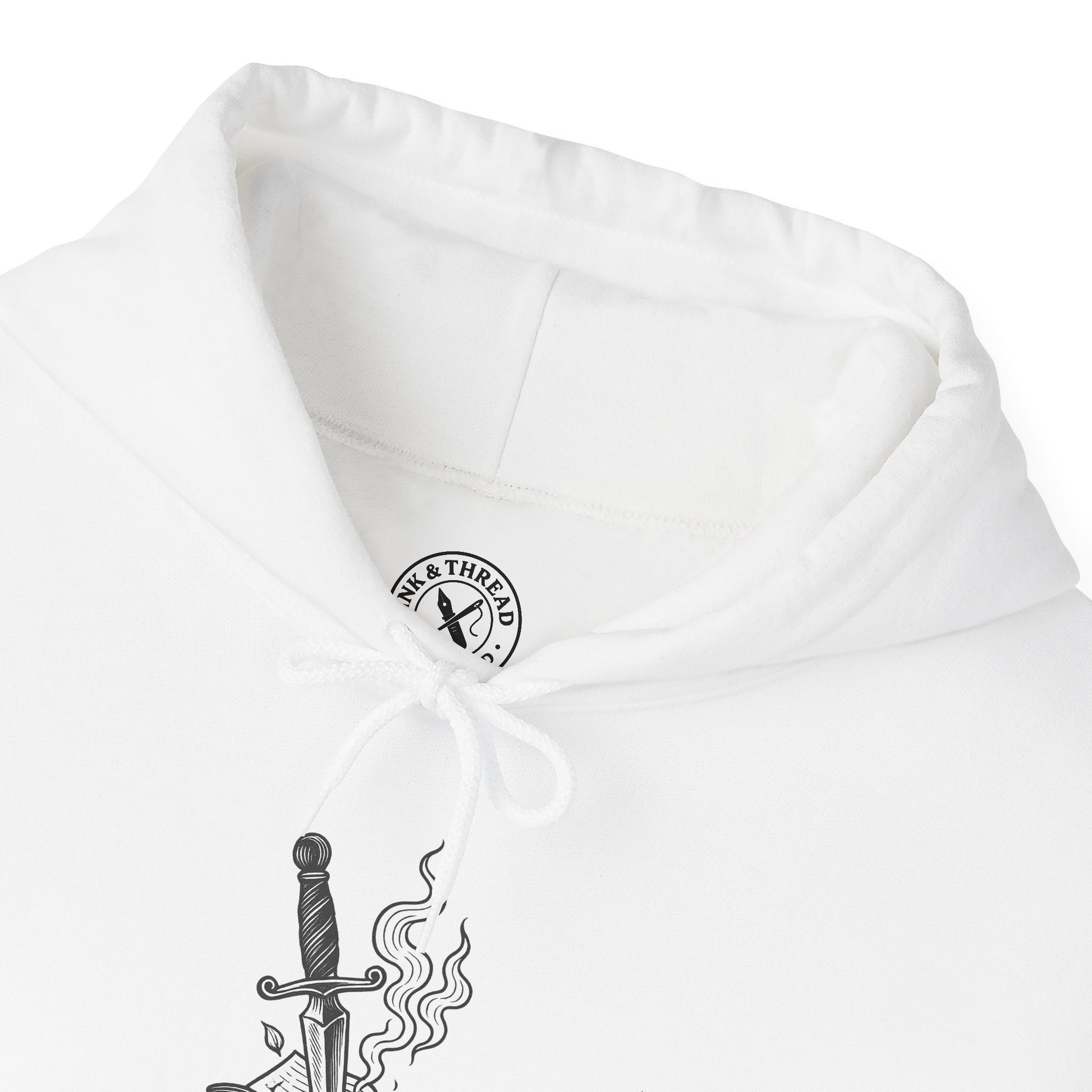 White hoodie with a logo and design on the chest against a white background
