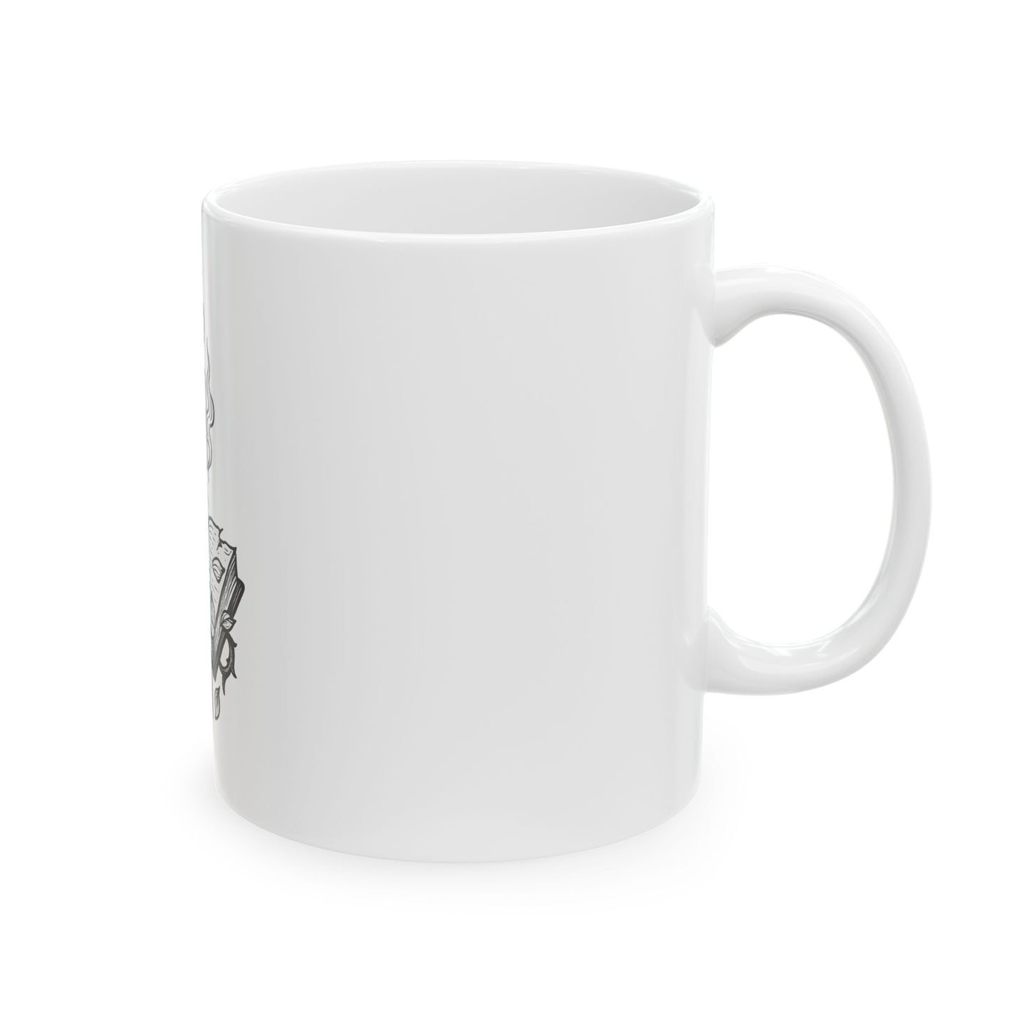 White mug with a small black design on a white background