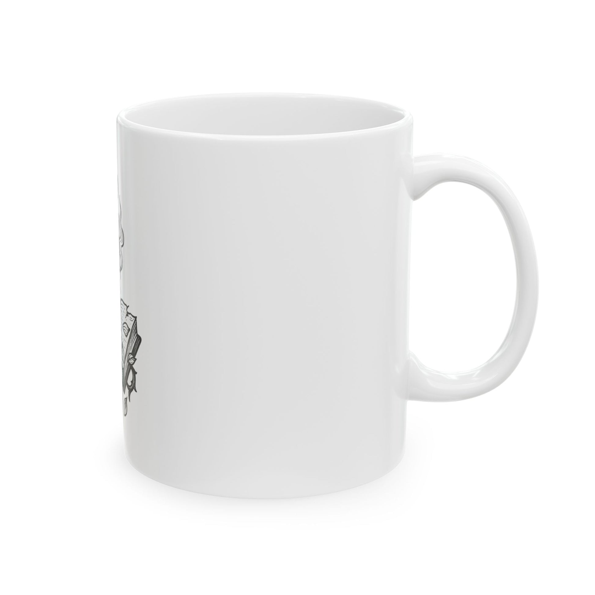 White mug with a small black design on a white background