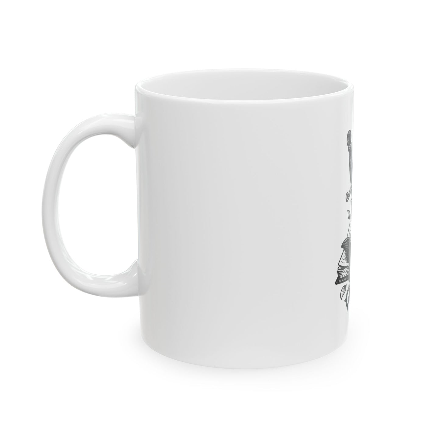 White mug with a black and white design on a white background