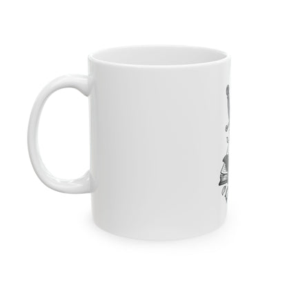 White mug with a black and white design on a white background