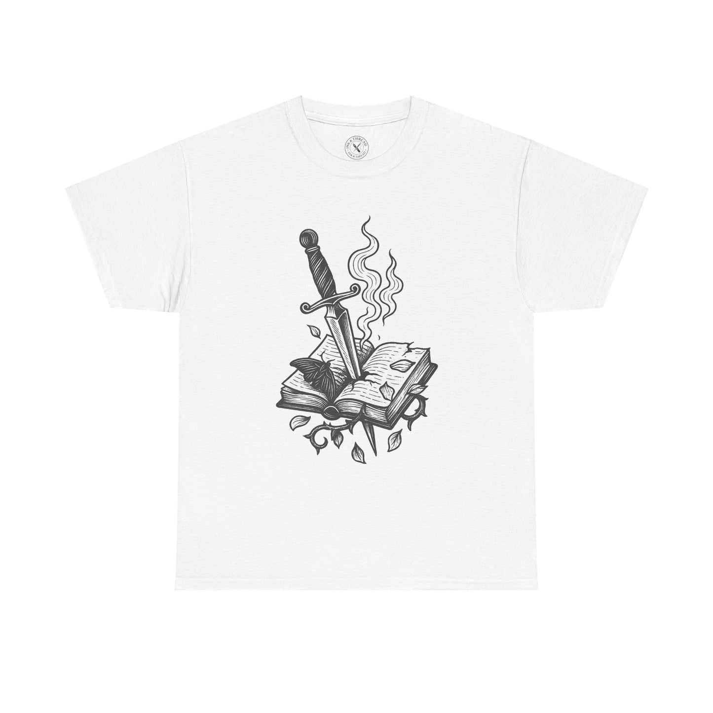White t-shirt with a black and white graphic design of a sword in an open book on a white background