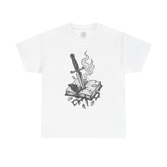 White t-shirt with a black and white graphic design of a sword in an open book on a white background