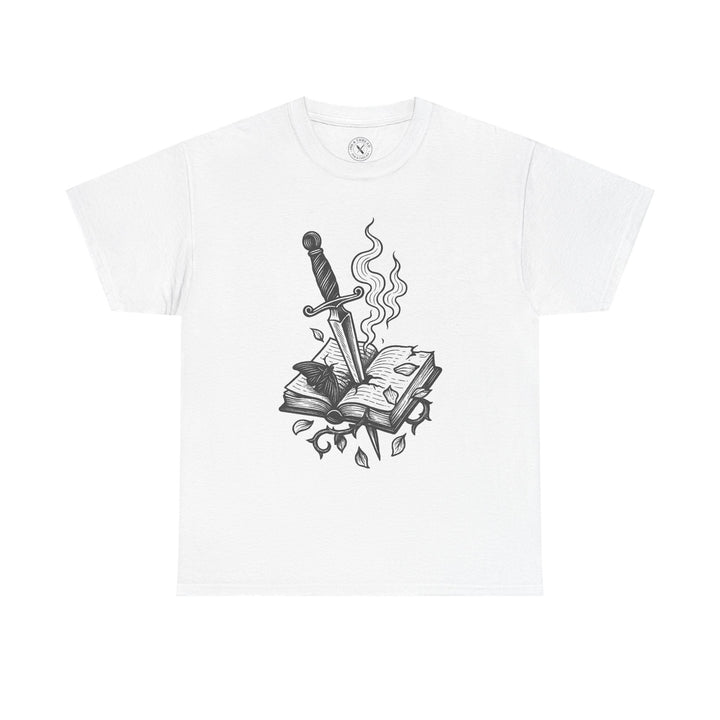 White t-shirt with a black and white graphic design of a sword in an open book on a white background
