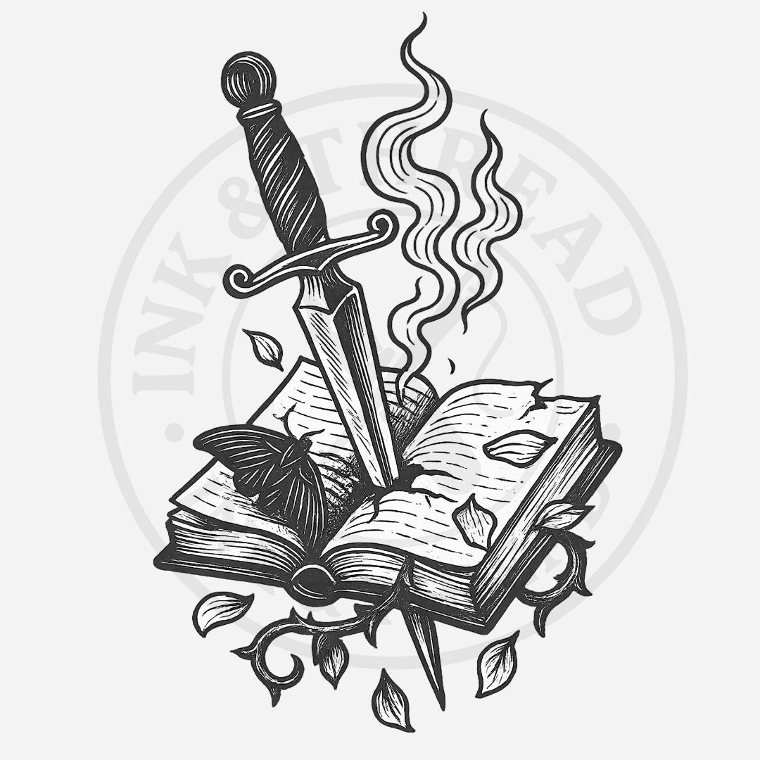 Black and white illustration of a sword stabbed into an open book with smoke, butterflies, and leaves.