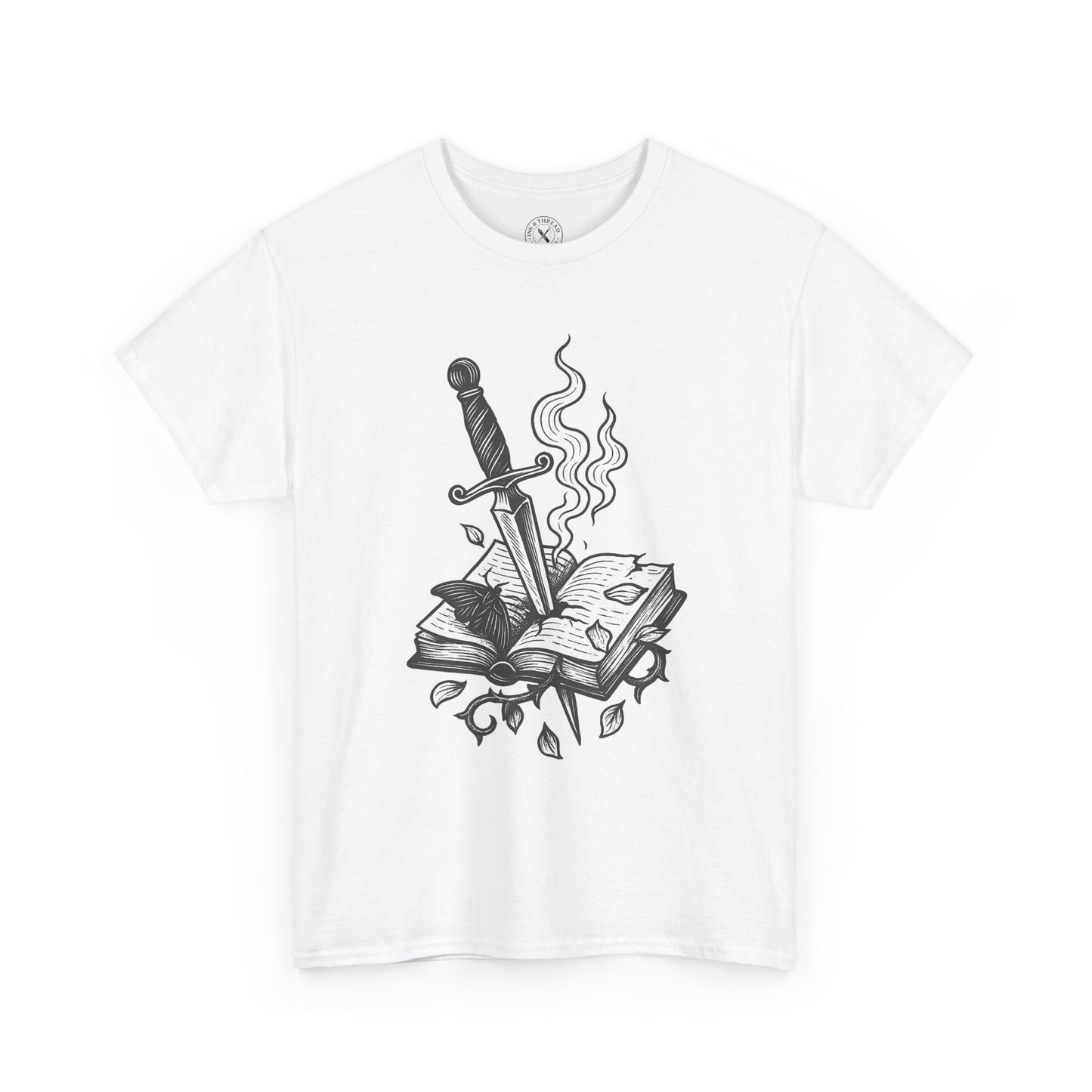 White t-shirt with a black ink drawing of a sword, book, and leaves on a white background