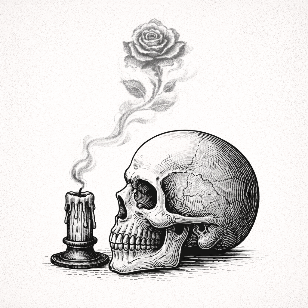 Illustration of a skull, candle, and rose on a white background