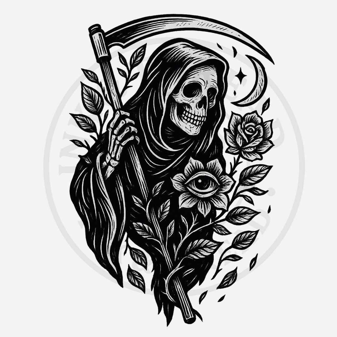 Black and white illustration of the Grim Reaper holding a scythe with roses and an eye in the background.