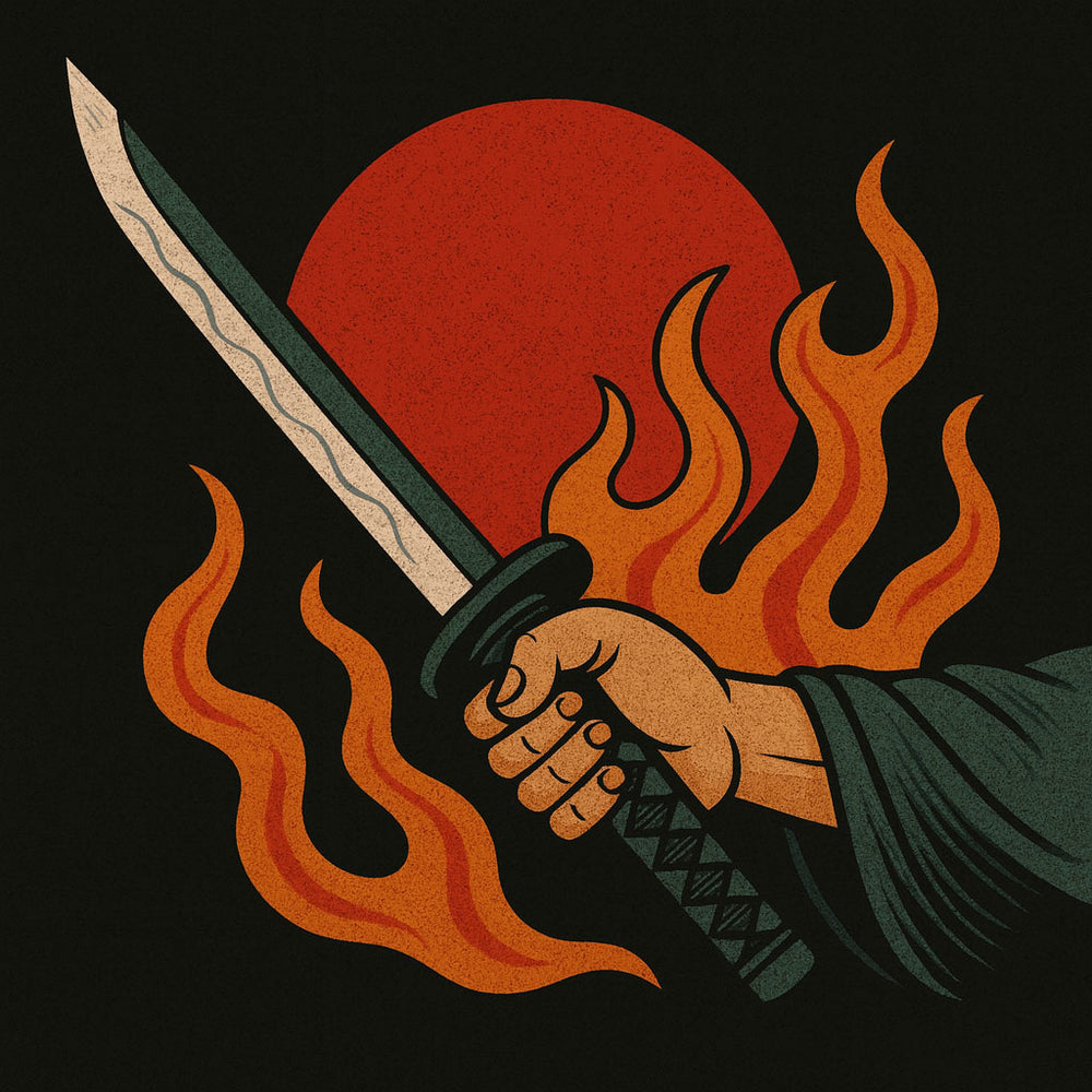 Illustration of a hand holding a sword with flames, against a dark background
