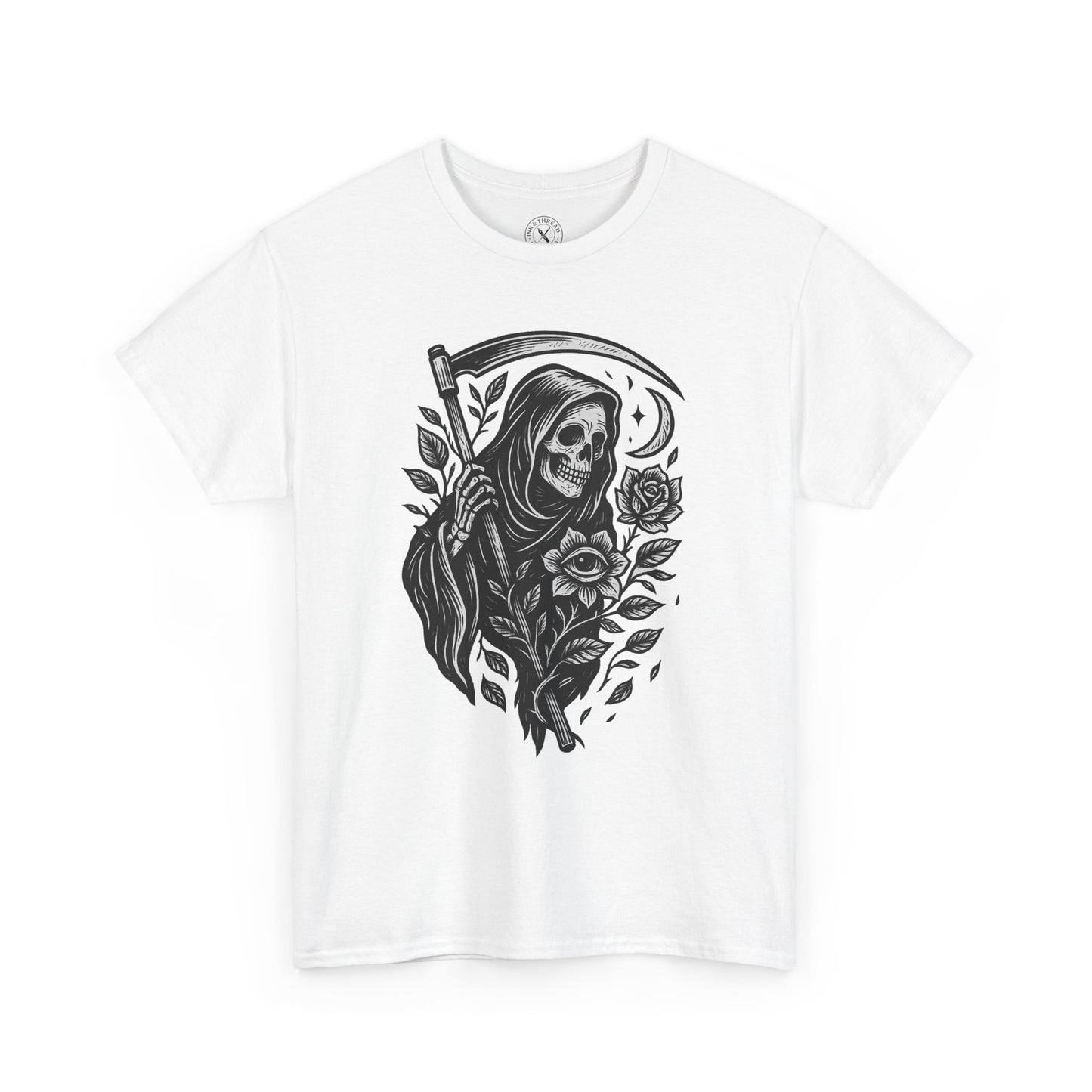 White t-shirt with a black and white graphic design of a skeleton in a hood with roses on a white background