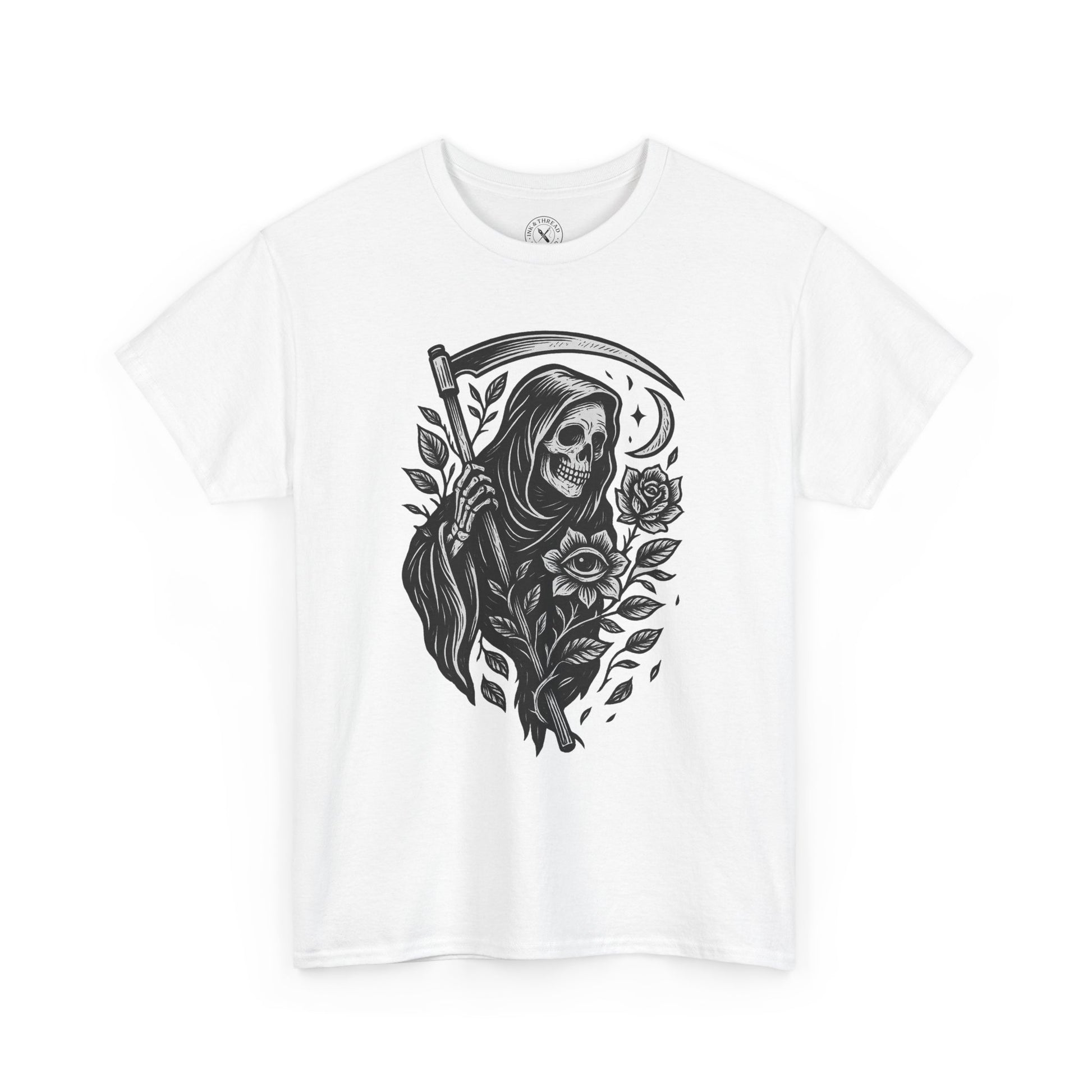 White t-shirt with a black and white graphic design of a skeleton in a hood with roses on a white background