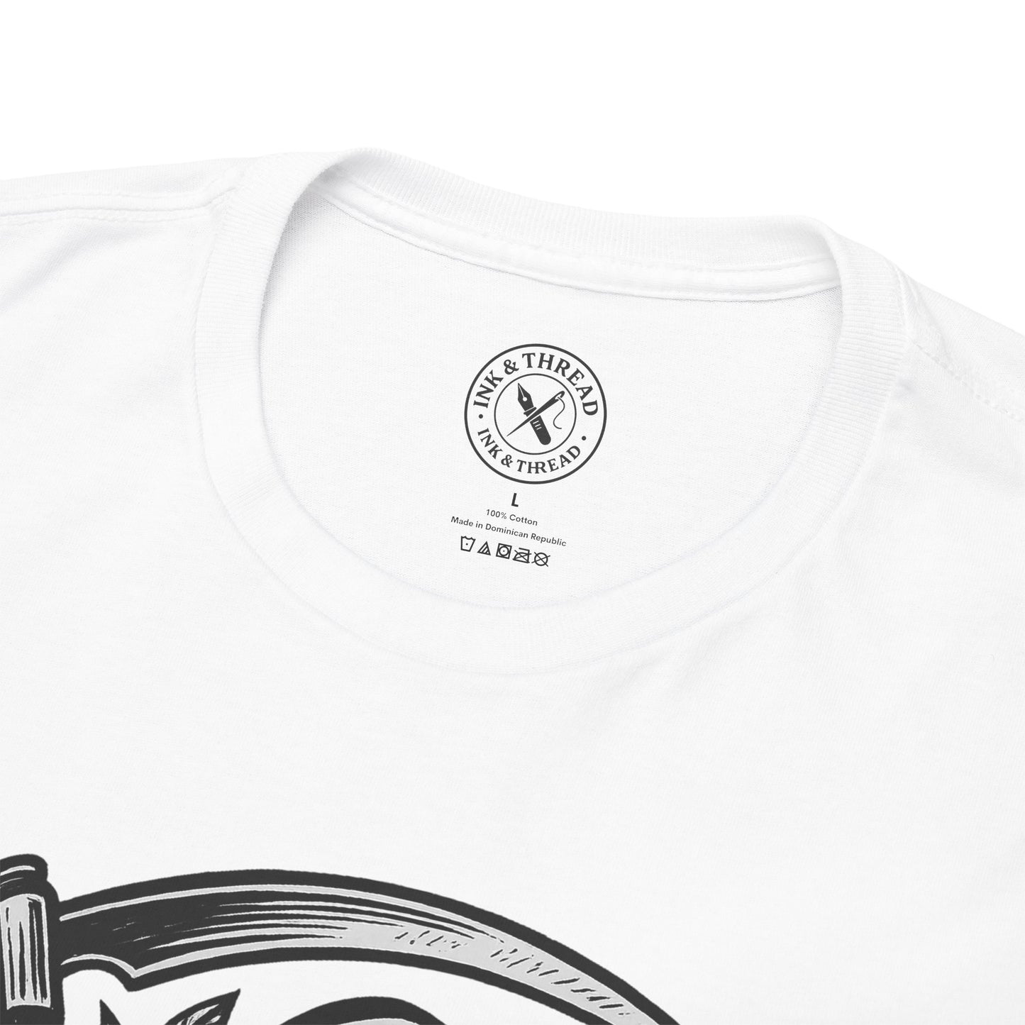 White t-shirt with black graphic design and 'Ink & Thread' logo on a white background