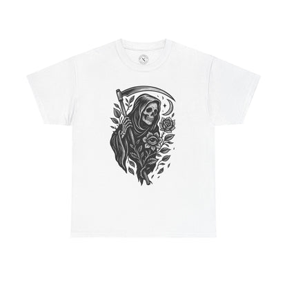 White t-shirt with black graphic design of a skeleton in a hooded cloak holding a scythe, surrounded by roses on a white background.