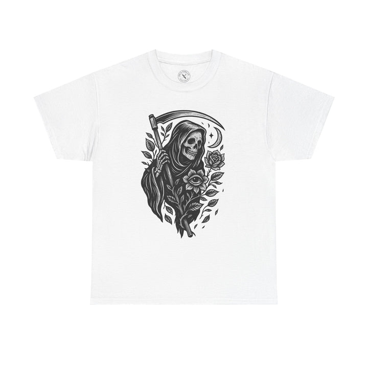 White t-shirt with black graphic design of a skeleton in a hooded cloak holding a scythe, surrounded by roses on a white background.