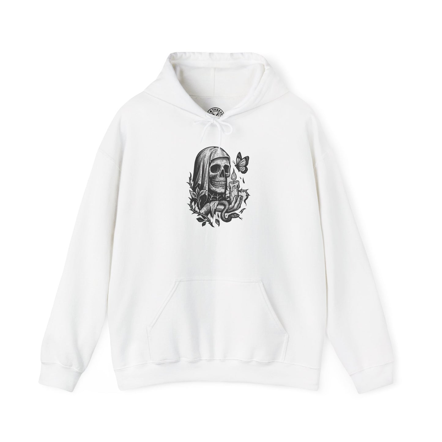 White hoodie with a black graphic design on a white background