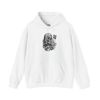 White hoodie with a black graphic design on a white background