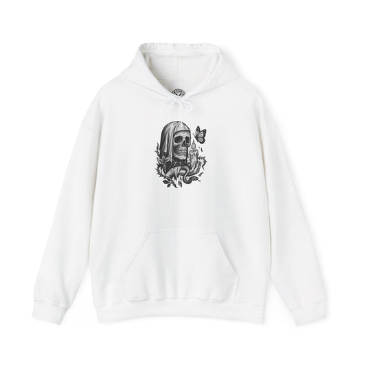 White hoodie with a black graphic design on a white background