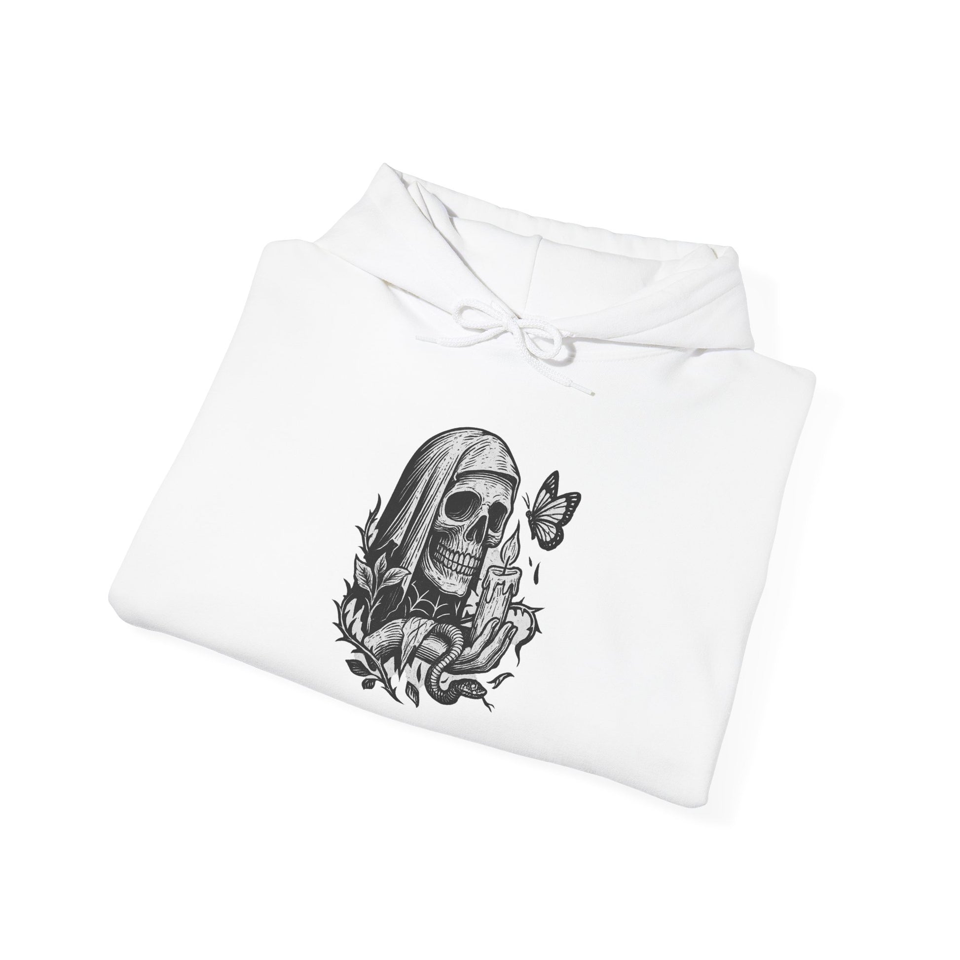 White hoodie with a black and white skull design on a white background