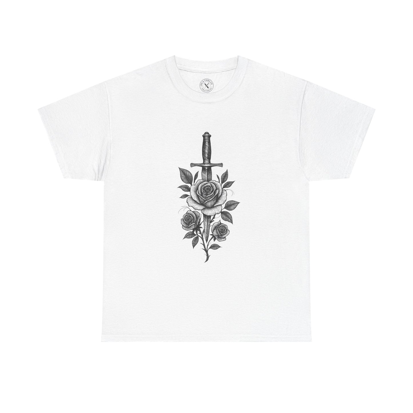 White t-shirt with a black dagger and rose design on a white background