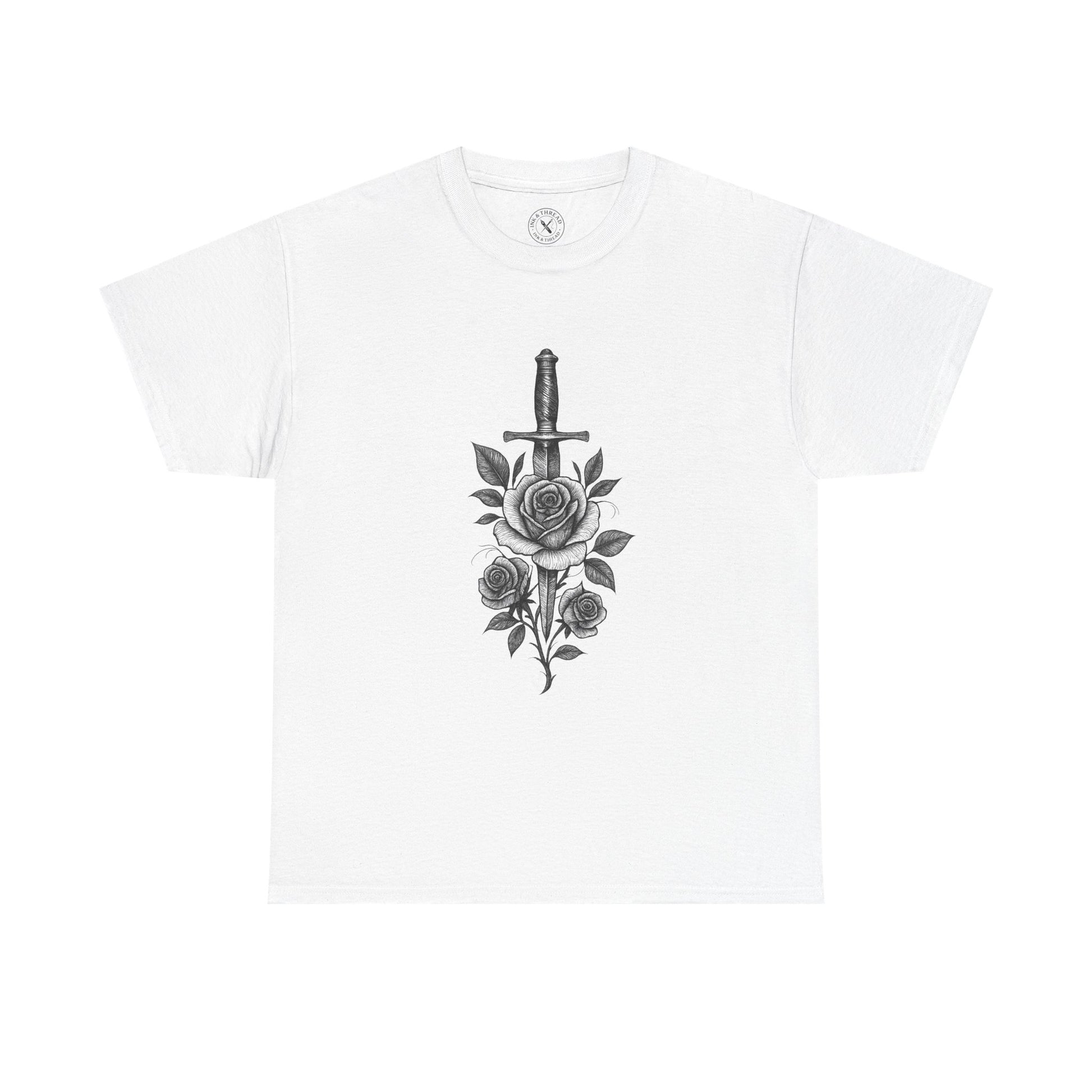 White t-shirt with a black dagger and rose design on a white background