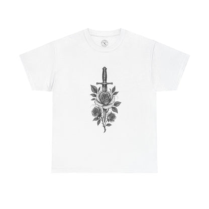 White t-shirt with a black dagger and rose design on a white background