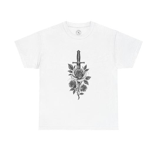 White t-shirt with a black dagger and rose design on a white background