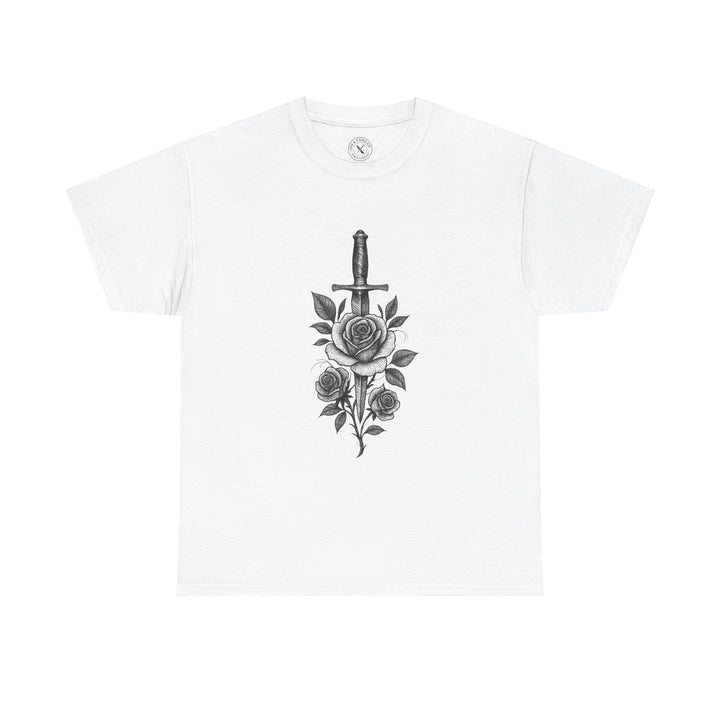 White t-shirt with a black dagger and rose design on a white background
