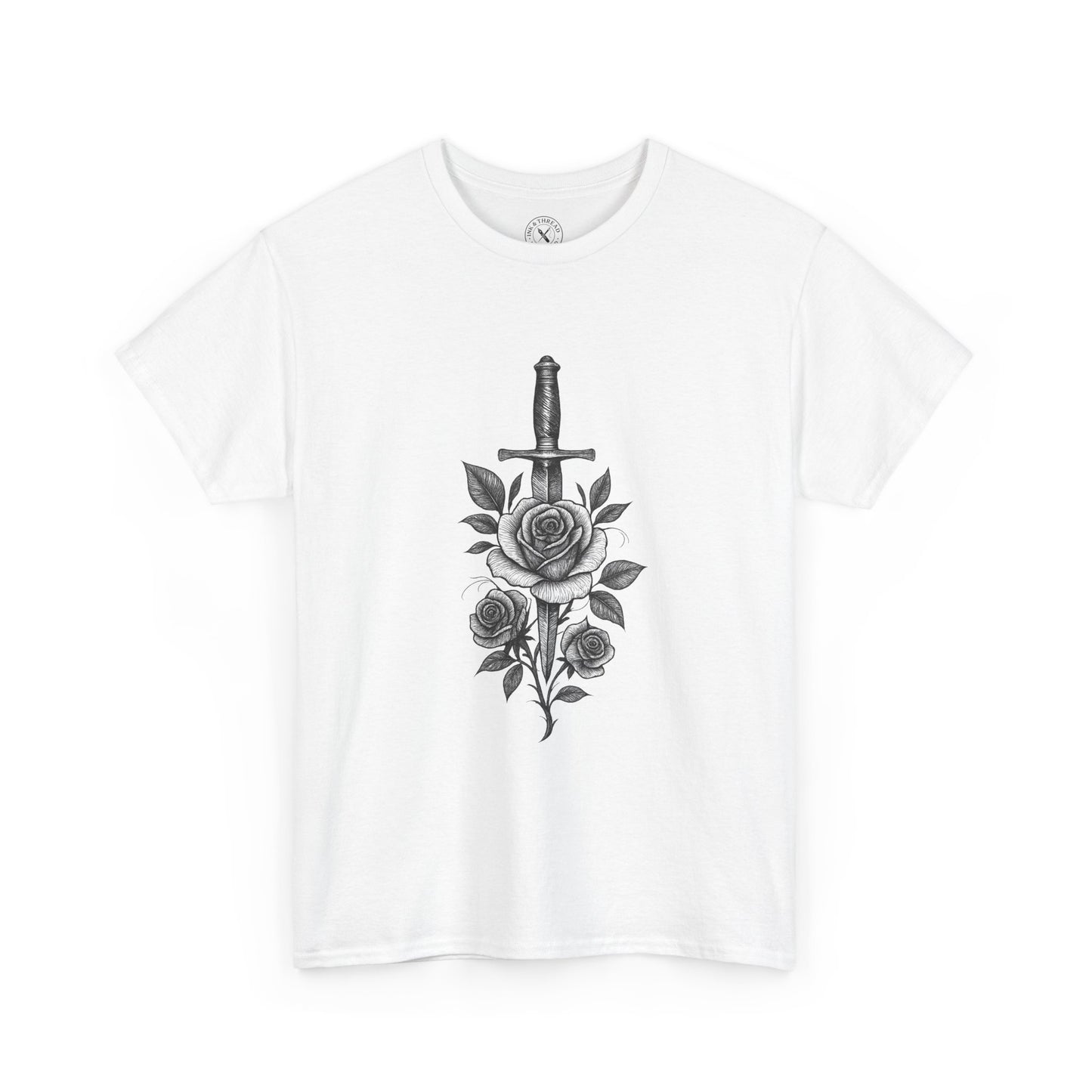 White t-shirt with a black rose and dagger design on a white background