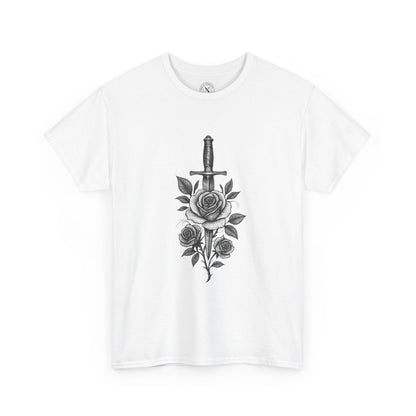 White t-shirt with a black rose and dagger design on a white background