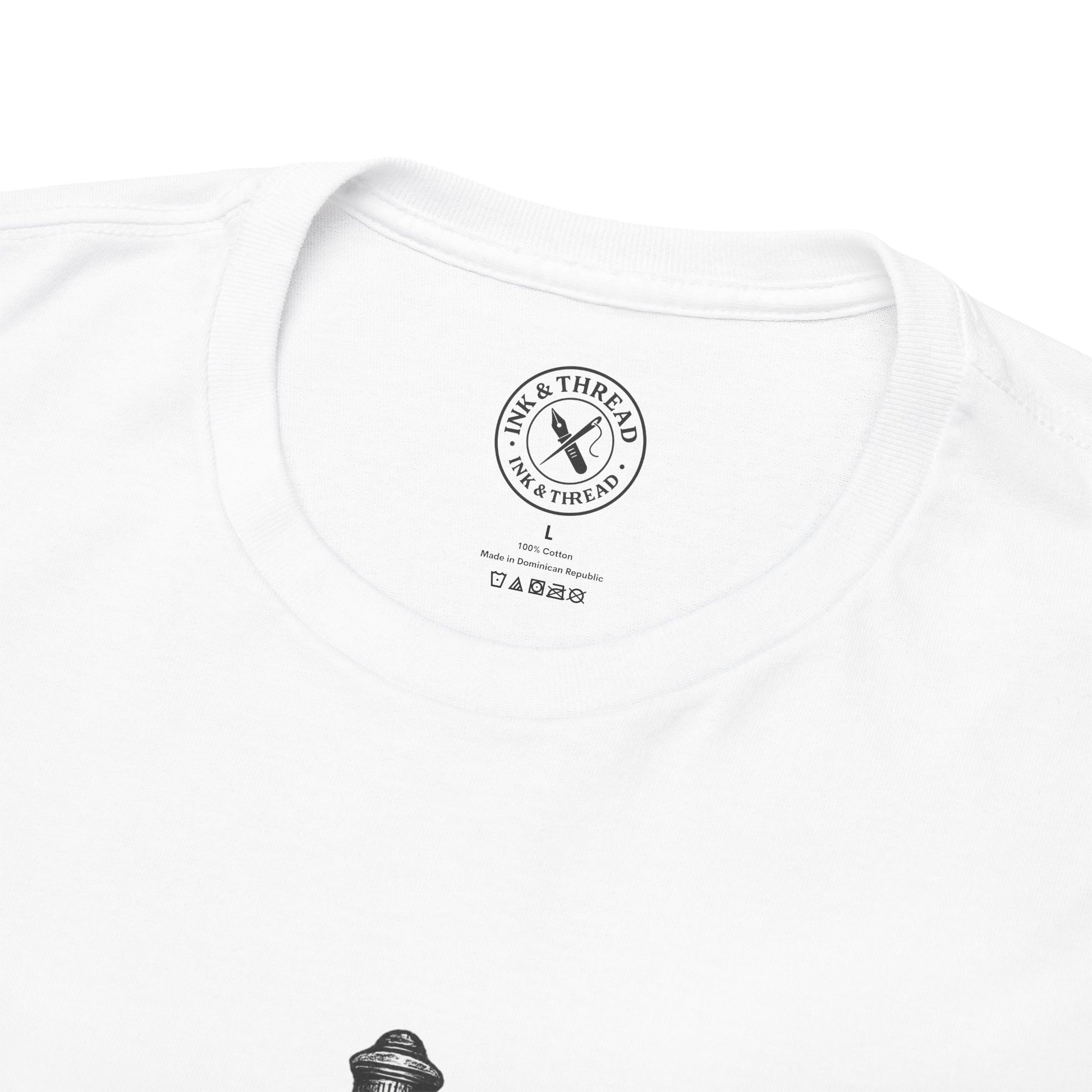White t-shirt with a black logo and text on a white background