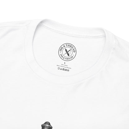 White t-shirt with a black logo and text on a white background