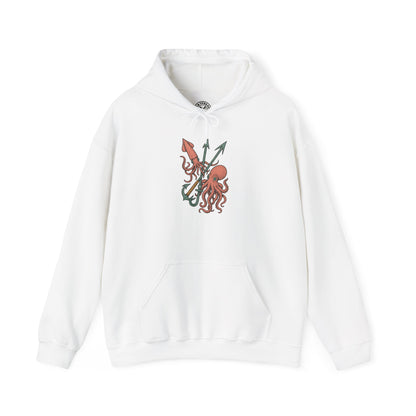 White hoodie with a colorful octopus design on a white background