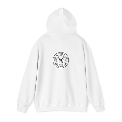 White hoodie with a brand logo on the chest against a white background