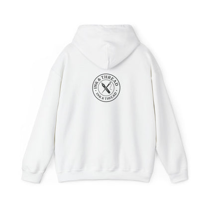 White hoodie with 'Ink & Thread' logo on the back against a white background