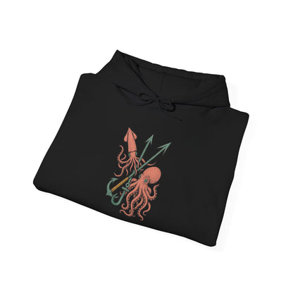 Black hoodie with a squid and arrow design on a white background