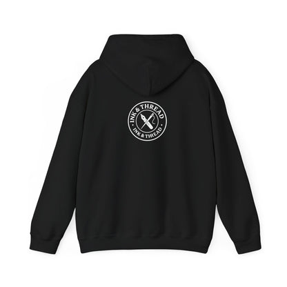 Black hoodie with a logo on the back against a white background