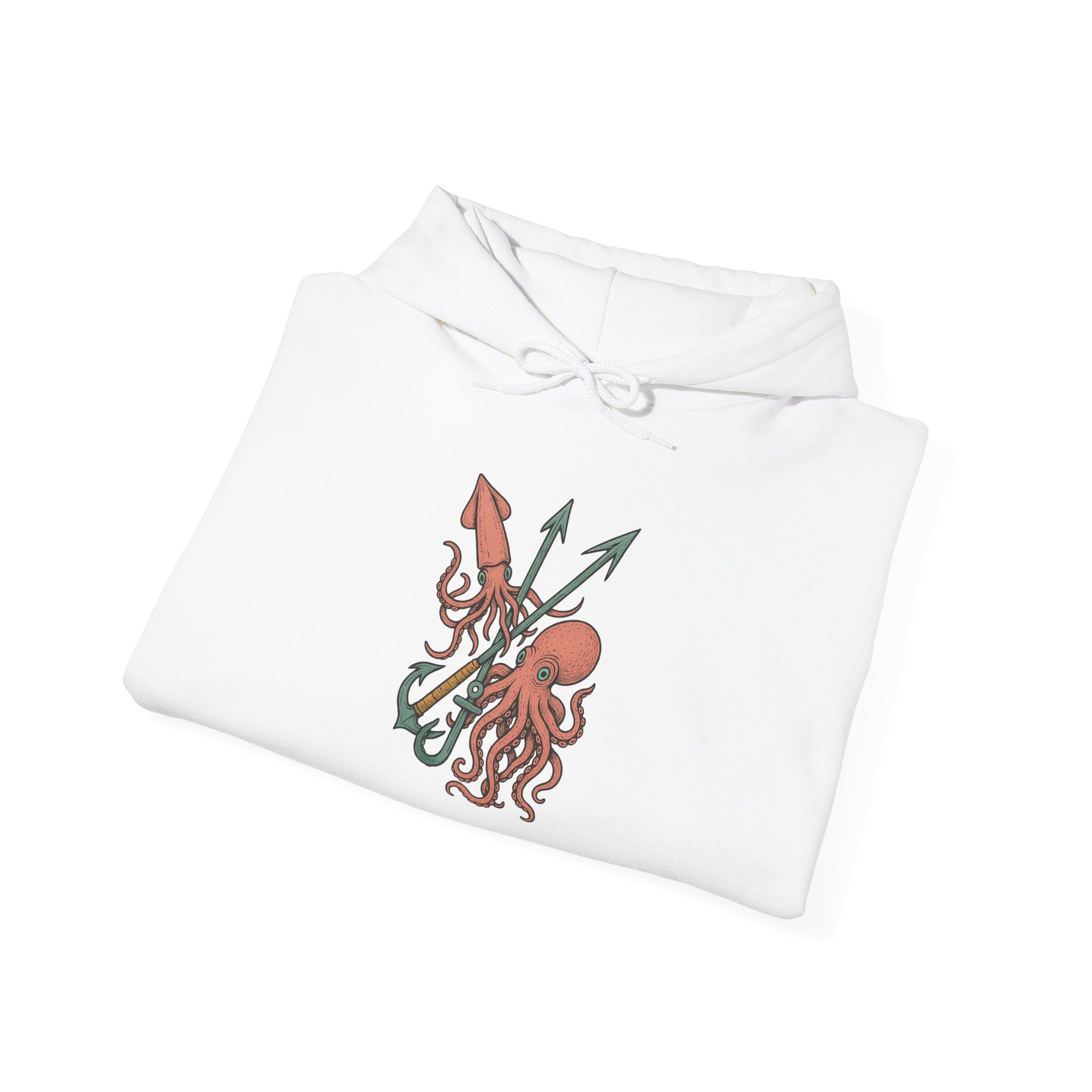 White shirt with a red octopus and anchor design on a white background