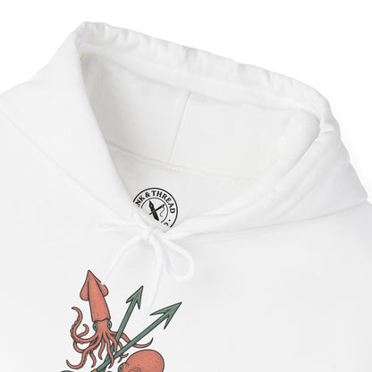 White hoodie with squid design and brand logo on a white background