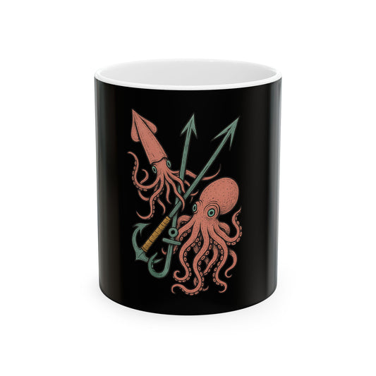 Black mug with a design of an octopus and arrows on a white background