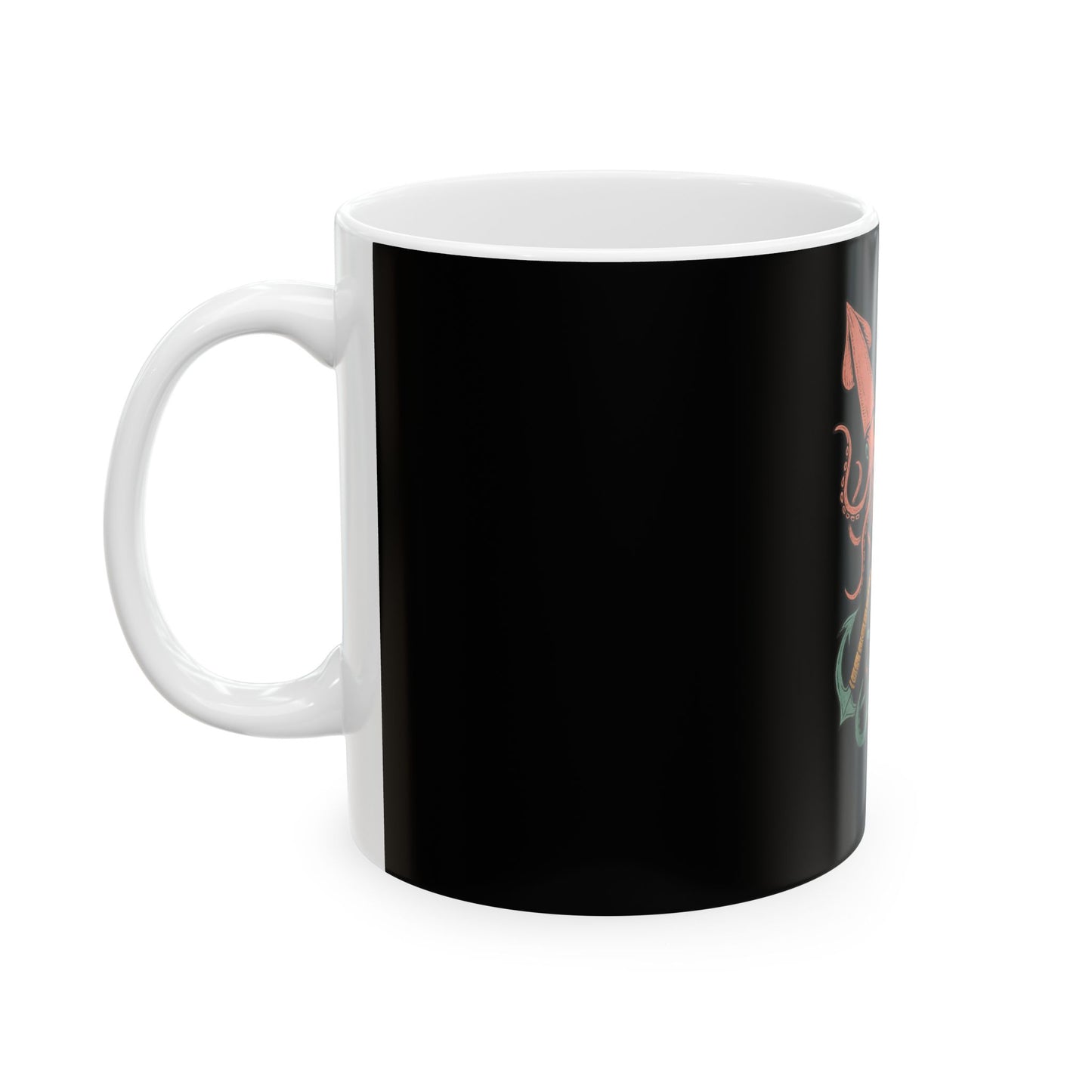 Black mug with a white handle on a white background