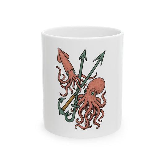 White mug with a design of an octopus and arrows on a white background