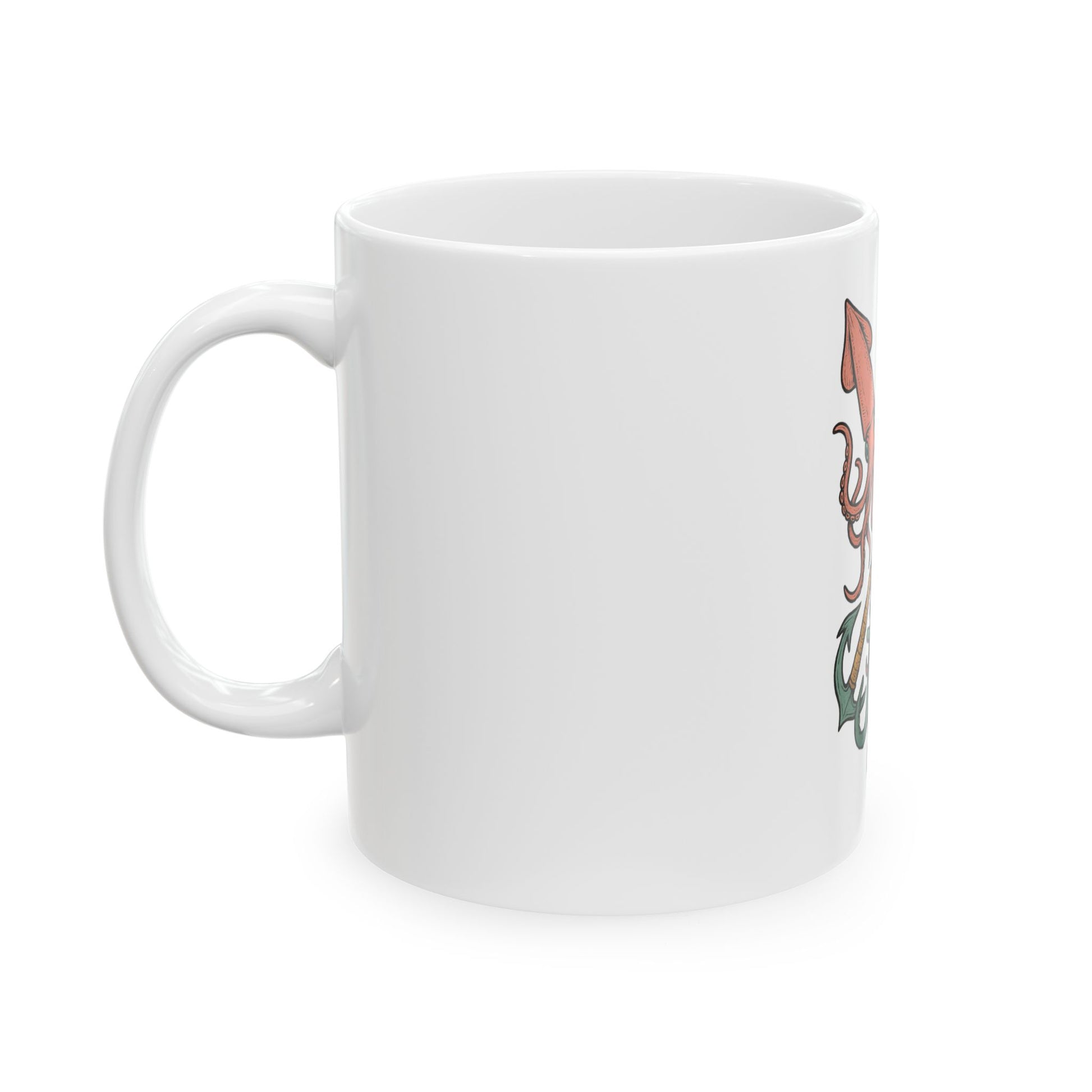 White mug with a colorful design on a white background