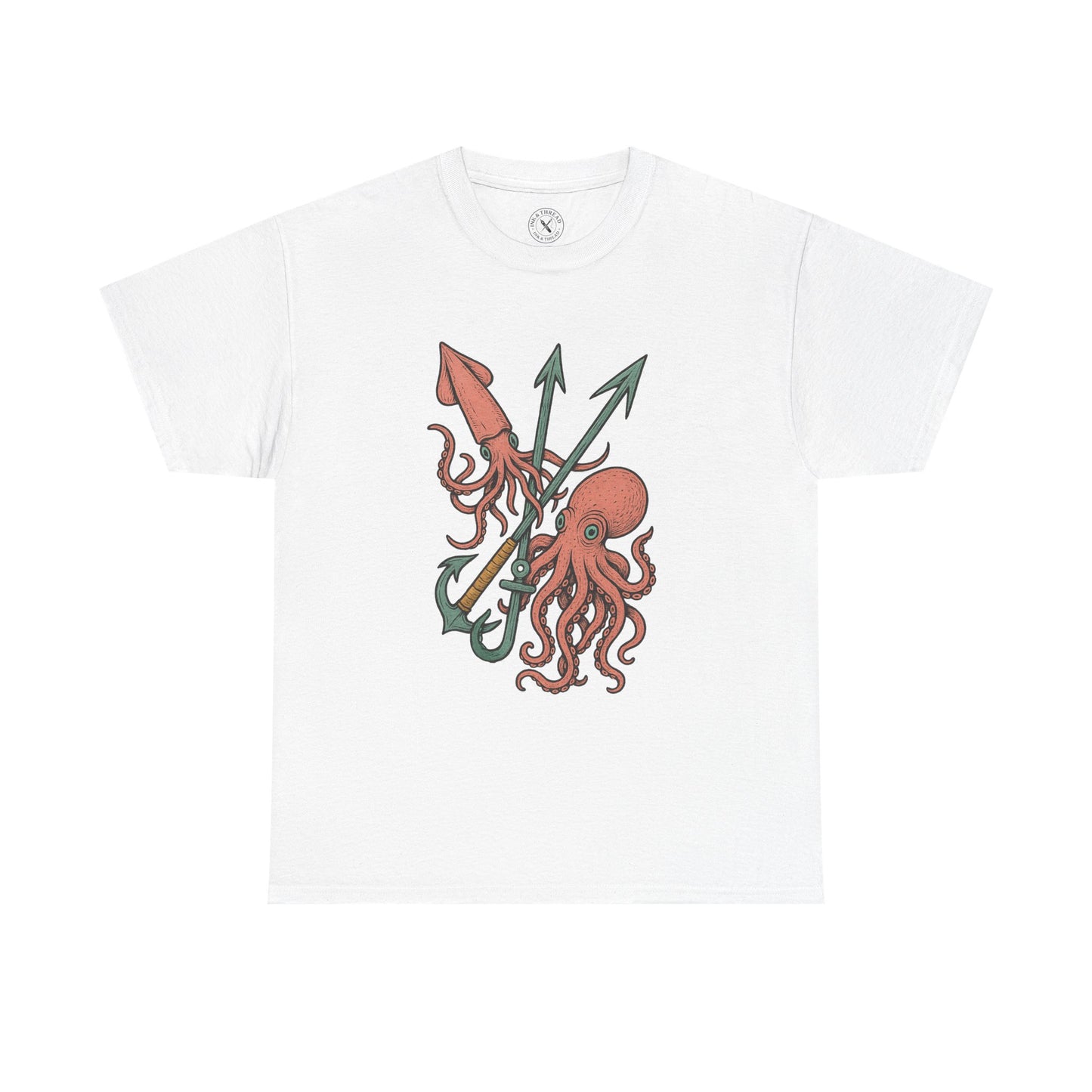 White t-shirt with red octopus and green anchor design on a white background