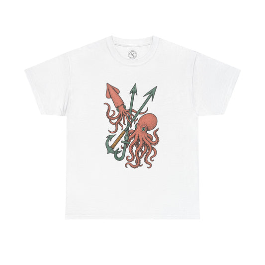 White t-shirt with red octopus and green anchor design on a white background