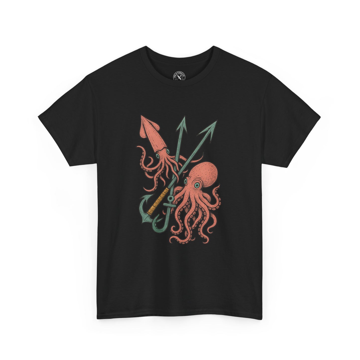 Black t-shirt with a colorful octopus and anchor design on a white background