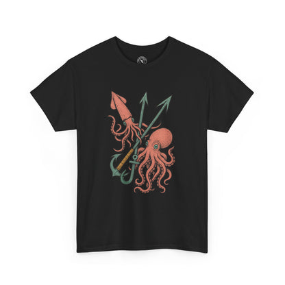 Black t-shirt with a colorful octopus and anchor design on a white background